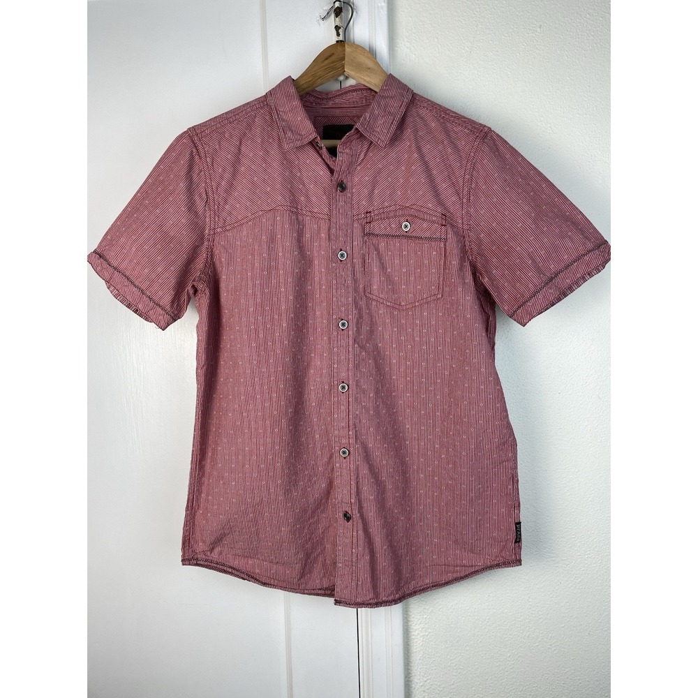 prAna Men's M Red Striped 100% Organic Cotton Short Sleeve Button Up Shirt